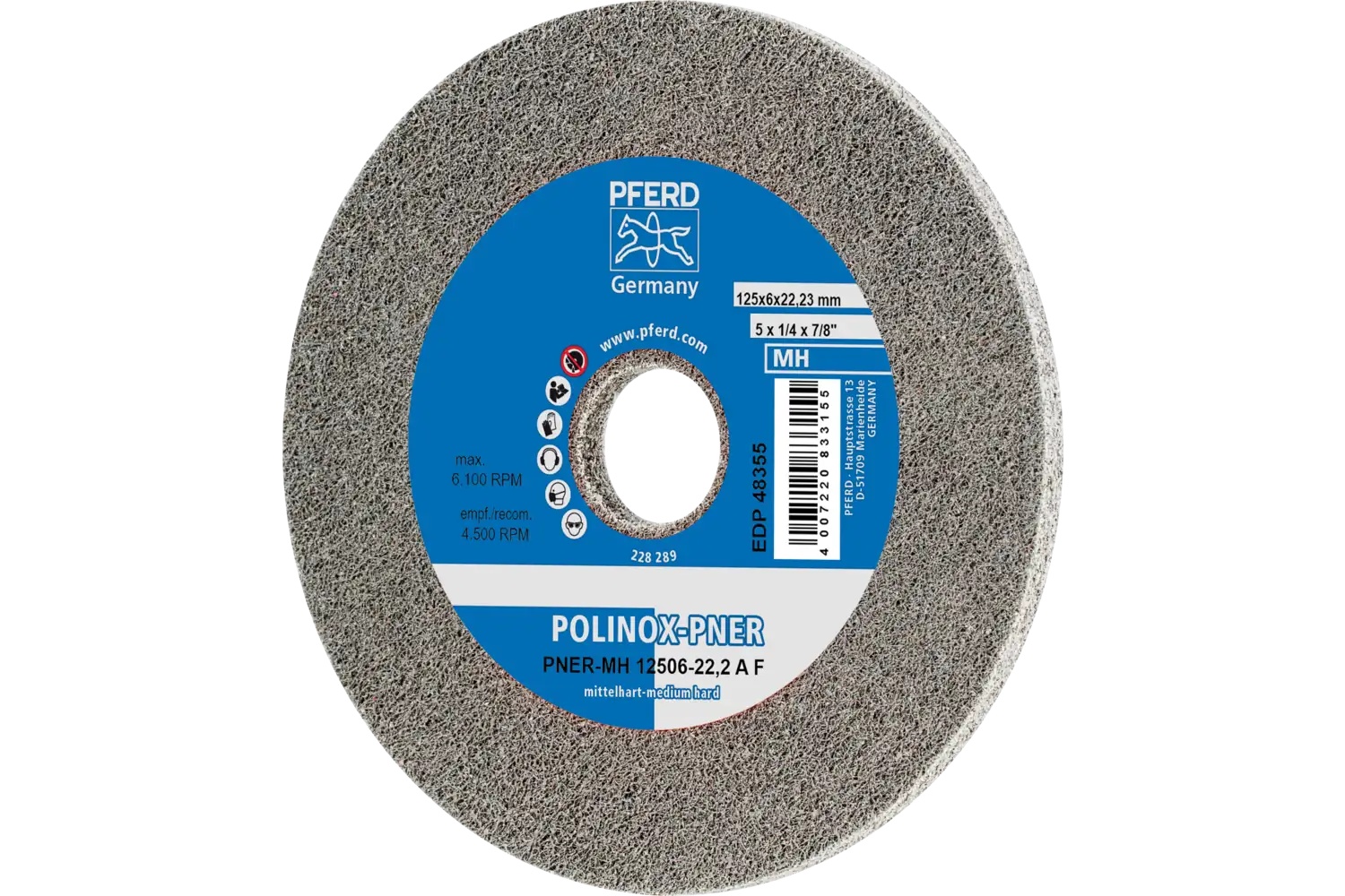 Picture of Pferd Polinox® Unitized Wheel, 5" X 1/4 X 7/8, Fine, Medium-Hard, 6Af, Aluminum Oxide